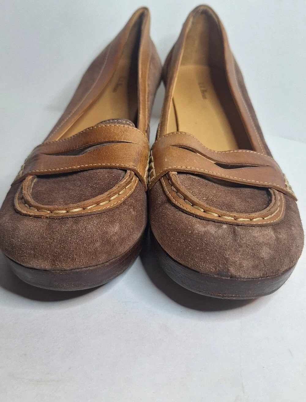 L.L. Bean Shoes Taupe Brown Suede Leather Wedge Penny Loafers Slip On Sz US 11 M